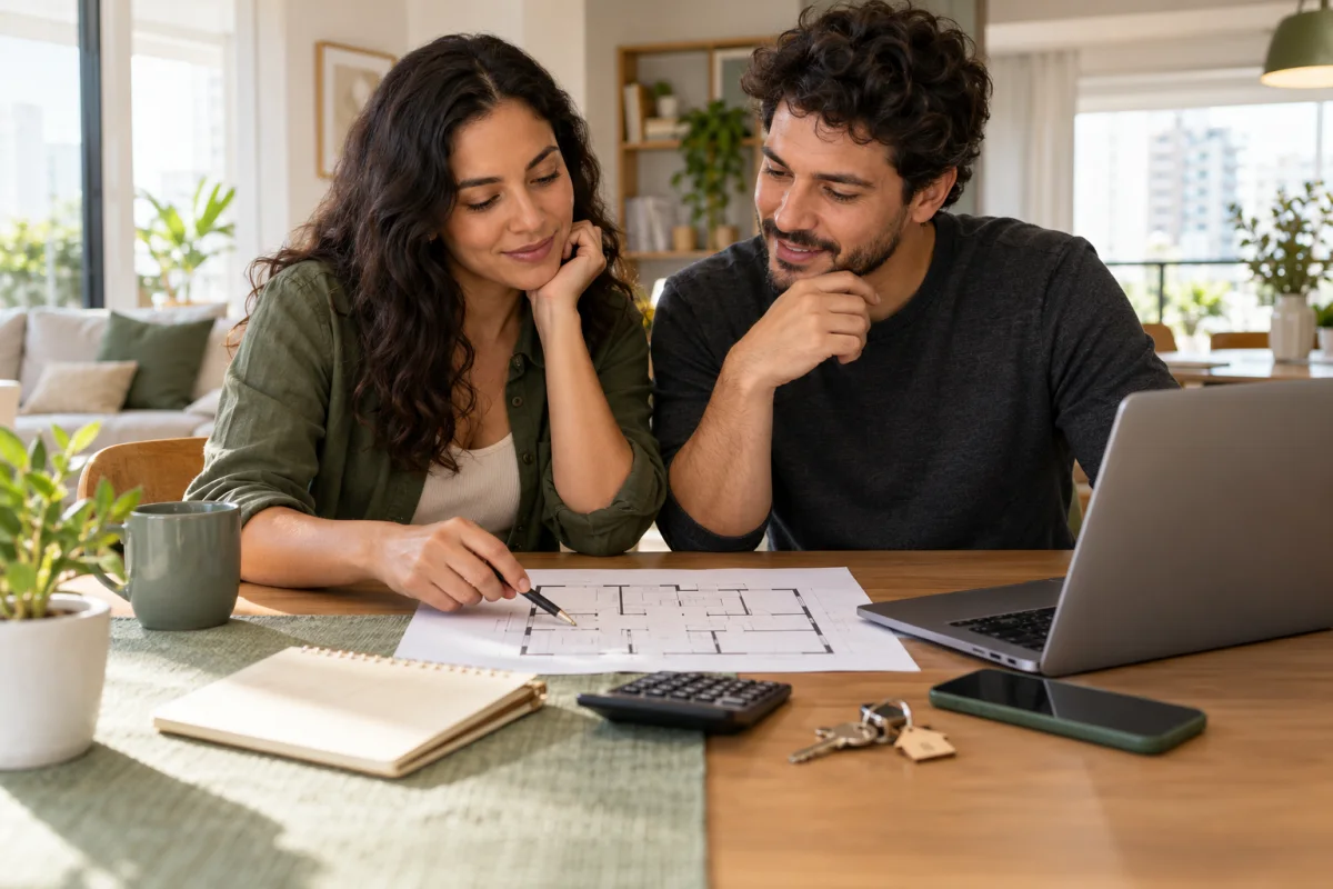 Casal planejando a compra ou o aluguel de um imóvel com planta, calculadora e notebook